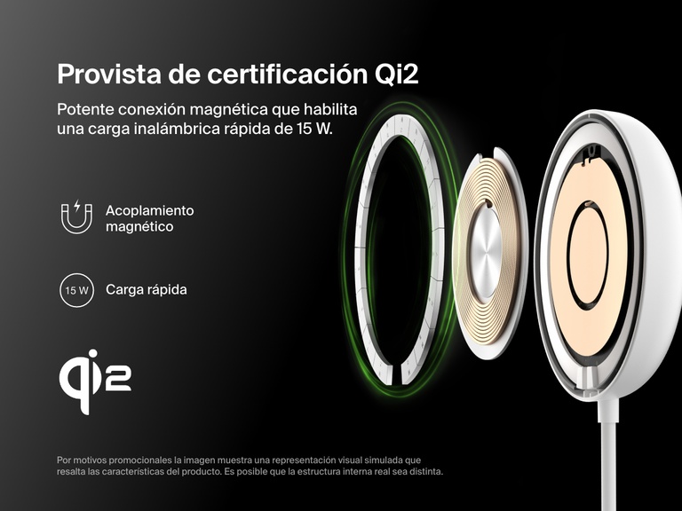 Imagen con vista en despiece de la base magnética de carga inalámbrica con Qi2 de 15 W BoostCharge Pro de Belkin de color blanco en la que se muestran sus componentes internos y se hace hincapié en su certificación Qi2, capacidad de carga rápida de 15 W y el sólido acoplamiento magnético.