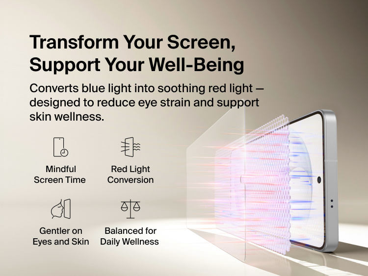 Belkin ScreenForce Titan EcoGuard Red Light Screen Protector for Samsung Galaxy S26 shown converting blue light into red light to support eye comfort, mindful screen time, and everyday screen wellness.
