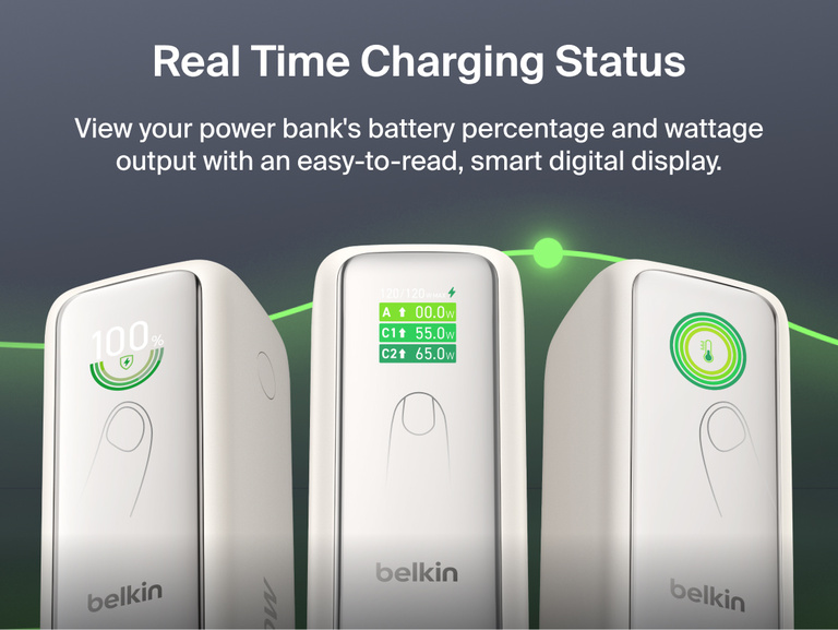 Close-up of the UltraCharge Power Bank 22K with Retractable Cable's smart digital display cycling through battery percentage, wattage output per port, and temperature status screens