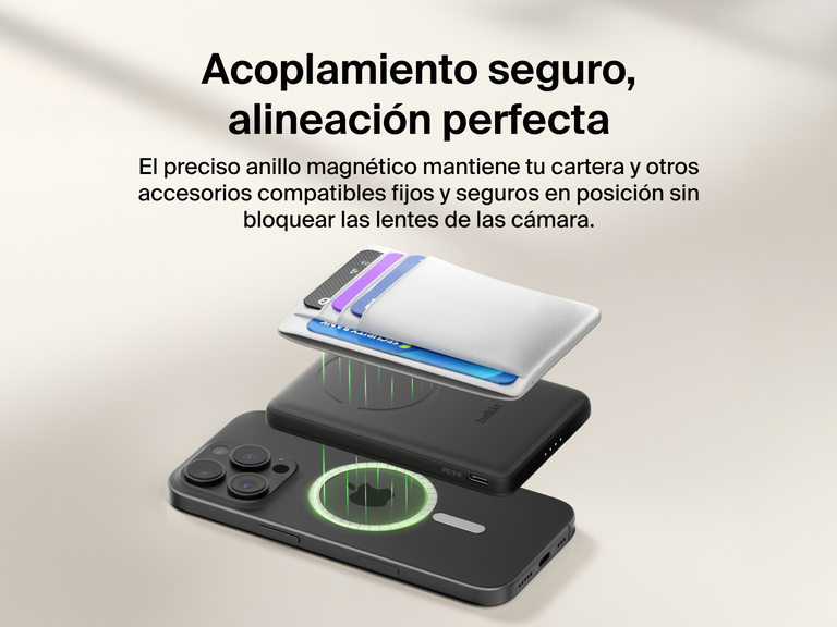 Belkin BoostCharge Slim Magnetic Power Bank 5K shown magnetically aligned between a smartphone and wallet accessory, demonstrating precise magnetic ring for secure attachment and camera-safe design.