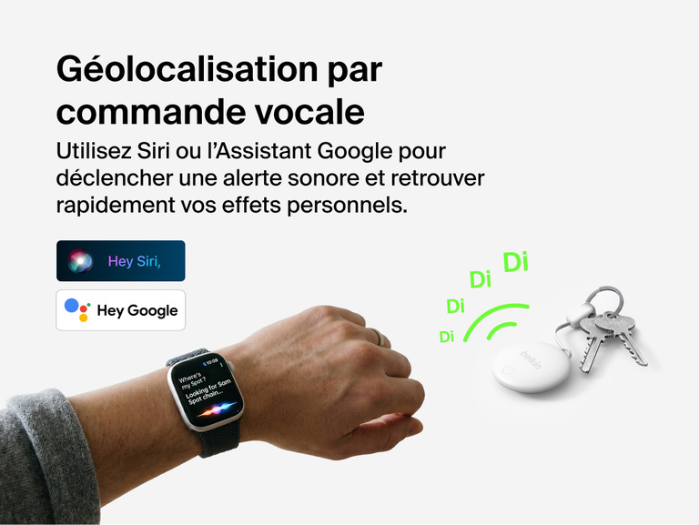 Image du tracker Belkin SureFind Spot accroch&eacute; &agrave; des cl&eacute;s illustrant son alerte sonore en utilisant les commandes vocales Siri ou Google&nbsp;Assistant pour aider l'utilisateur &agrave; g&eacute;olocaliser des effets personnels.
