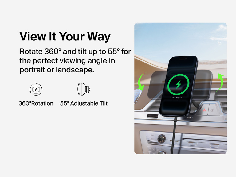 Belkin UltraCharge Magnetic Wireless Charging Car Vent Mount with Qi2.2 25W offers 360-degree rotation and up to 55-degree tilt for adjustable portrait or landscape viewing.