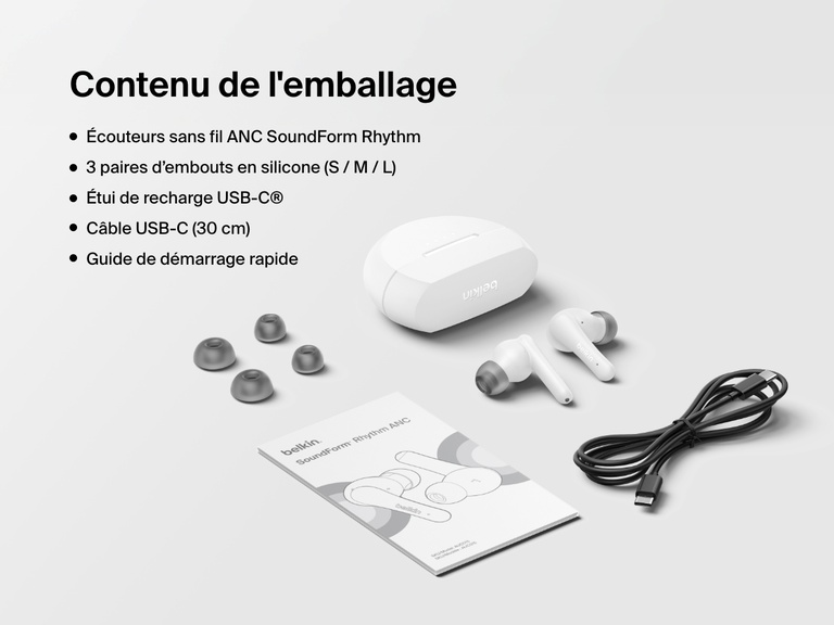 Image affichant le contenu de l’emballage des écouteurs sans fil ANC SoundForm Rhythm de Belkin : écouteurs, trois embouts en silicone de tailles différentes, étui de recharge USB-C, câble de recharge USB-C (1,2 m) et guide d'utilisation rapide.