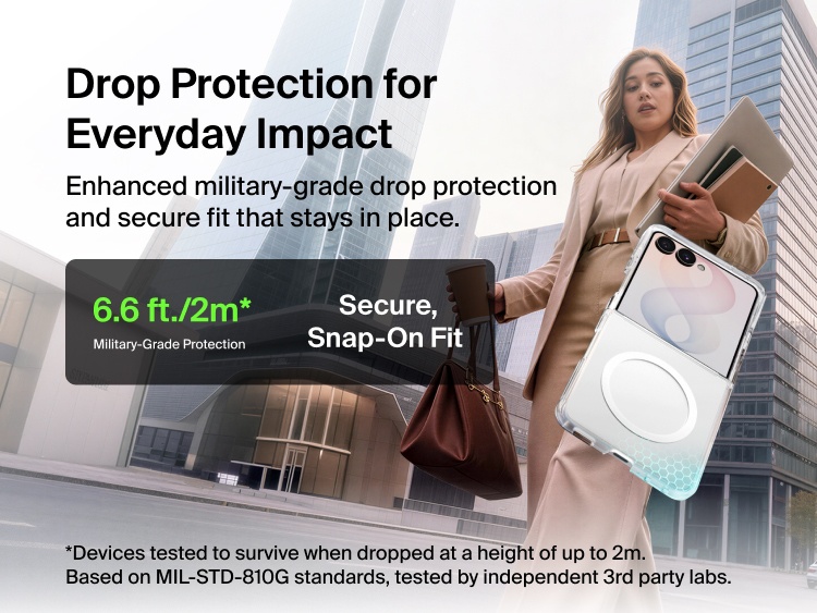 Belkin Clear Series Case for Samsung Galaxy Z Flip8 shown in multiple folded positions with Qi2 compatibility and 6.6-foot drop protection.
