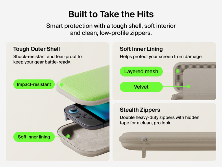 Belkin Gaming Travel Case for Nintendo Switch 2 features a tough outer shell, soft velvet and mesh interior, and stealth zippers for durable, protective, and stylish portability.