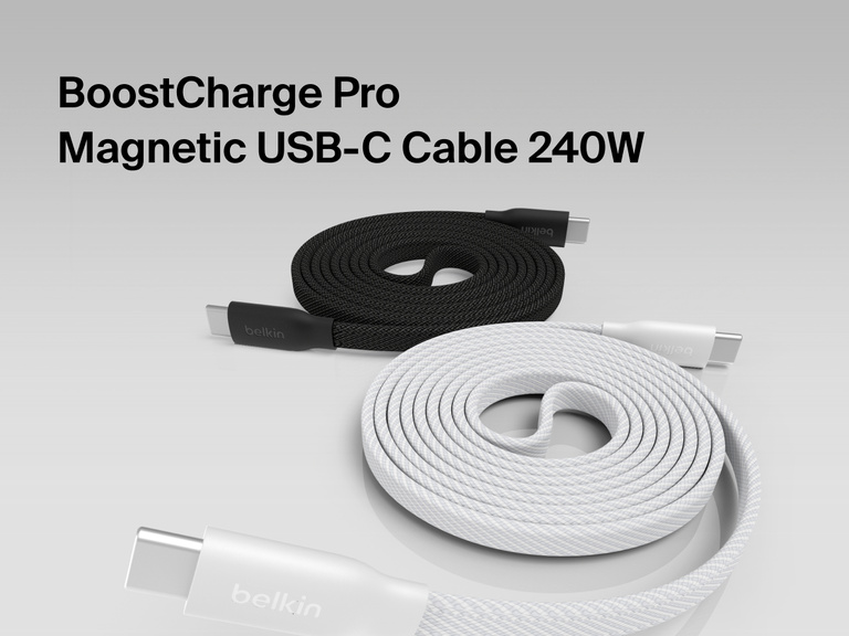 BoostCharge Pro Magnetic USB-C Cable 240W shown coiled with magnetic USB-C connectors, designed for fast, high-power charging and durable everyday use.