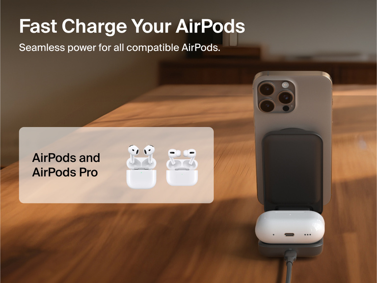 Belkin UltraCharge 2-in-1 Foldable Magnetic Charger with Qi2 25W shown fast charging iPhone and AirPods on a wooden surface, compatible with AirPods and AirPods Pro.