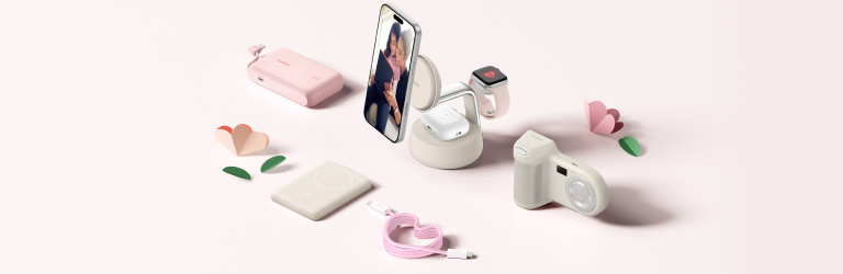 Belkin Spring Sale hero banner featuring wireless charging stand, over-ear headphones, and portable power bank for everyday tech essentials