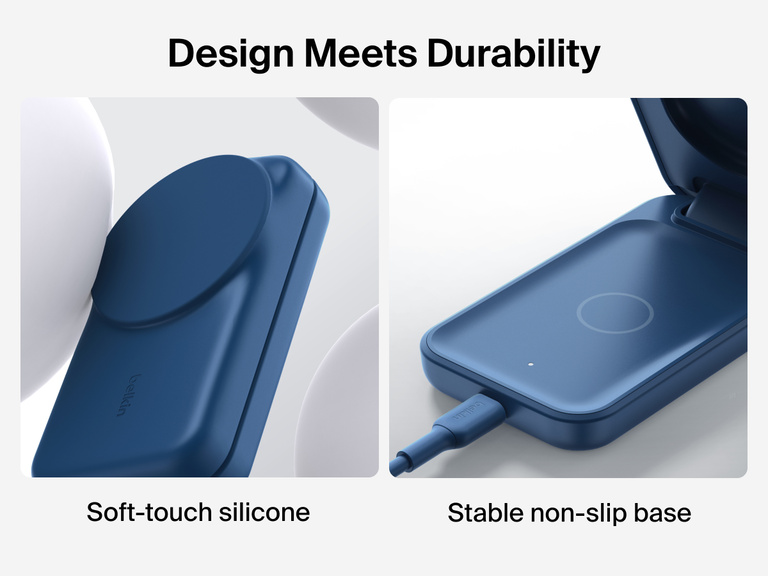 Belkin UltraCharge 3-in-1 Foldable Magnetic Charger with Qi2 25W features soft-touch silicone and a stable non-slip base for durable, secure wireless charging.