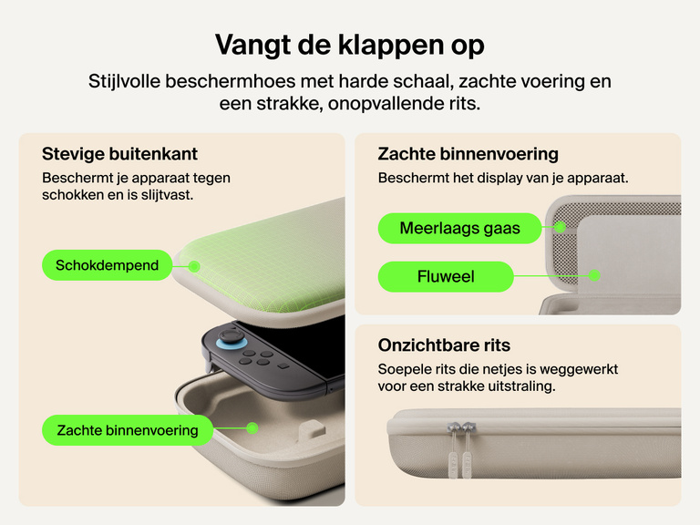 Belkin Gaming Charging Case for Nintendo Switch 2 features a shock-resistant outer shell, soft velvet-lined interior, layered mesh protection, and stealth zippers for durable, travel-ready protection.