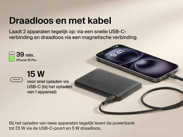 Belkin BoostCharge Slim Magnetic Power Bank 5K shown charging a smartphone via USB-C, highlighting 15W fast charging and dual wired or magnetic wireless power capability.