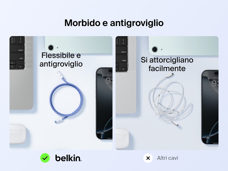 Confronto affiancato che mostra la morbidezza, la flessibilità e la resistenza ai grovigli del cavo da USB-C a USB-C da 60 W Belkin BoostCharge, rispetto ai cavi standard che si attorcigliano facilmente.