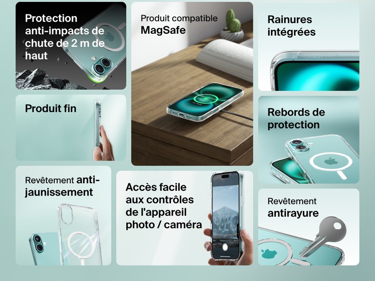 A feature-packed promotional image of the SheerForce™ Magnetic iPhone Case, highlighting its key benefits. The collage showcases its MagSafe compatibility, grip-enhancing grooved texture, protective raised edges, anti-yellowing technology, and anti-scratch coating. It also emphasizes 2m drop protection, ultra-slim design, and easy access to camera control, making it a durable and stylish choice for iPhone users.