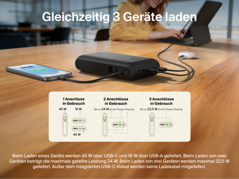 Belkin UltraCharge 20K 45W power bank with integrated USB-C cable charging multiple devices simultaneously with smart power sharing and multi-port connectivity