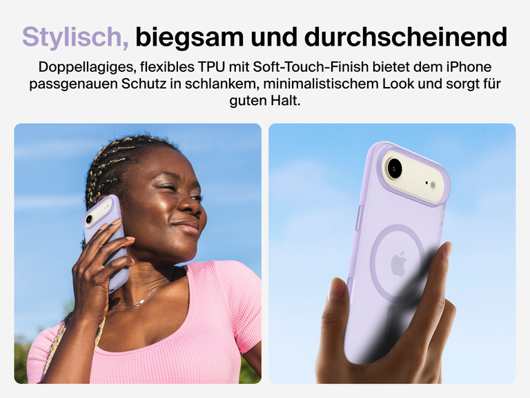 Belkin SheerForce Grip Series Case for iPhone 17 with slim translucent design and soft-touch finish for a comfortable grip.