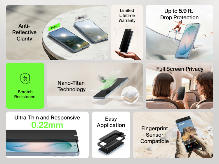 Feature highlights for Belkin ScreenForce Titan EcoGuard Privacy Filter Screen Protector for Samsung Galaxy S26, showing full-screen privacy, scratch resistance, fingerprint sensor compatibility, anti-reflective clarity, ultra-thin 0.22 mm design, easy application, Nano-Titan technology, and up to 5.9-ft drop protection.