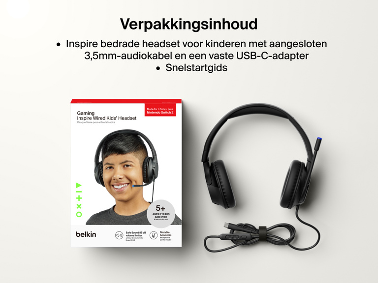 Afbeelding van de inhoud van de doos van de Belkin Gaming Inspire bedrade headset voor kinderen voor de Nintendo Switch 2, bestaande uit de headset met aangesloten 3,5mm-audiokabel, een vaste USB-C-adapter en snelstartgids.