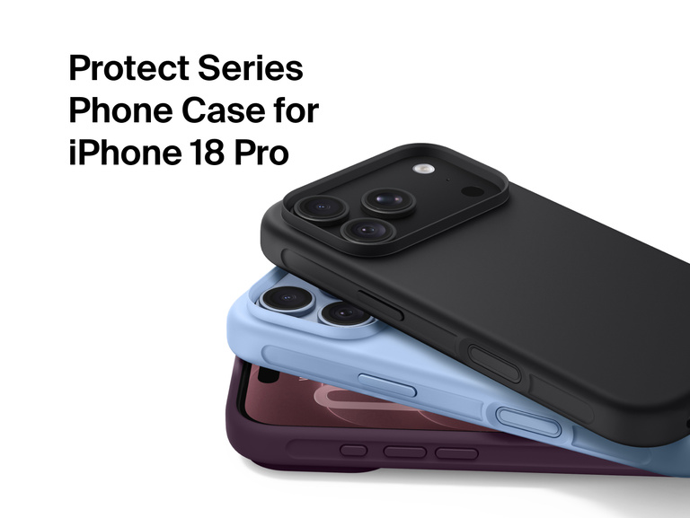 Belkin Protect Series Case for iPhone 18 shown on multiple phones with a slim protective design and raised camera edges.
