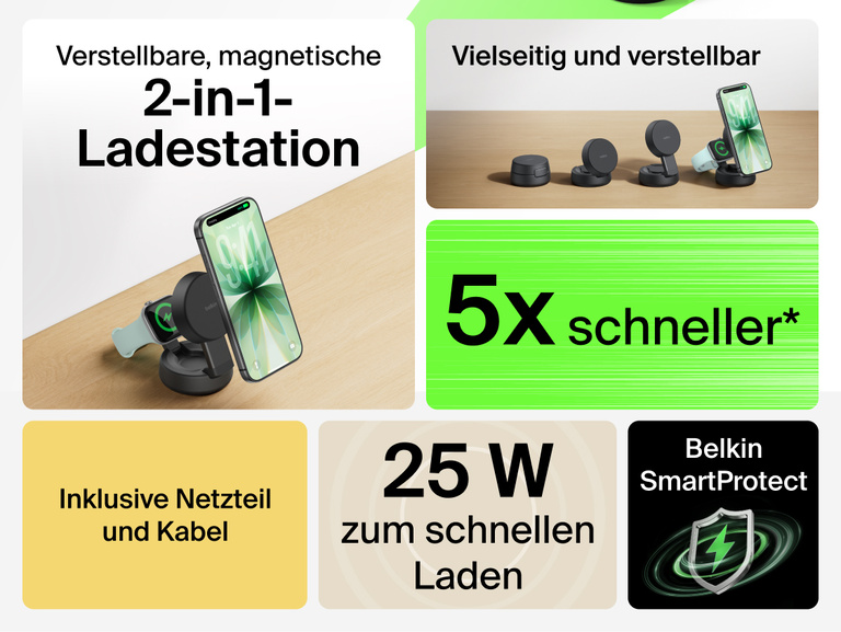 Die Belkin UltraCharge Pro verstellbare, magnetische 2-in-1-Ladestation mit Qi2 25W ist flexibel und l&auml;sst sich leicht anpassen. Ger&auml;te lassen sich sicher magnetisch andocken. Induktives Laden erfolgt 5-mal schneller und Netzteil und Kabel sind enthalten.