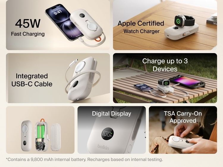 Belkin BoostCharge Pro Power Bank 10K with Apple Watch Charger featuring 45W fast charging, USB-C cable, digital display, Apple-certified watch charging, TSA carry-on approval, and Belkin SmartProtect technology.