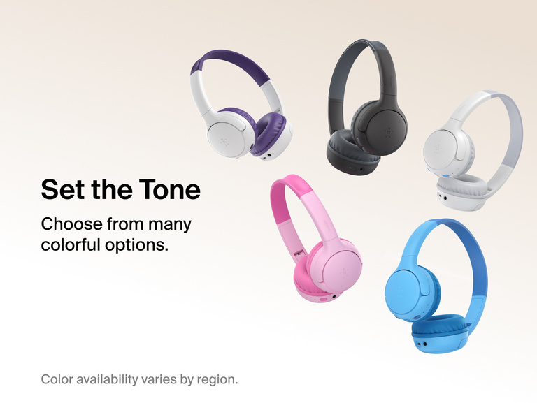 SoundForm Mini 2 Wireless On-Ear Headphones for Kids displayed in five available color options against a neutral background, with on-image text reading Choose from many colorful options