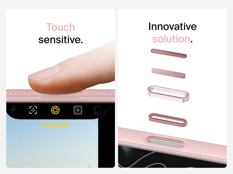 Belkin SheerForce Grip Series Case for iPhone 17 with MagSafe ring, raised edges, and floating tinted buttons for precision protection.