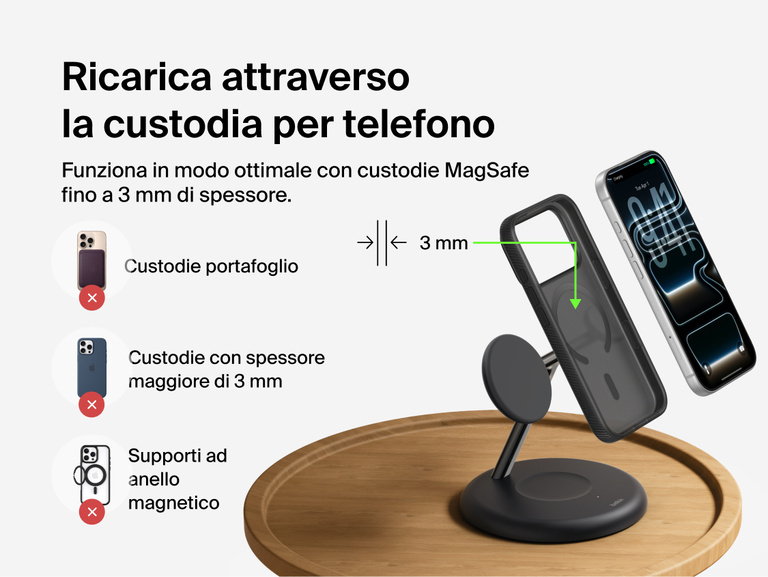Belkin UltraCharge 3-in-1 Wireless Charging Stand with Qi2 25W demonstrating magnetic charging through MagSafe-compatible phone case up to 3mm thickness with compatibility guidelines shown