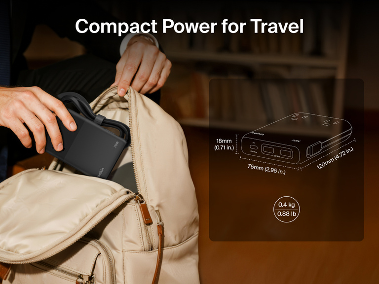 Belkin 2-Outlet Charging Station with USB ports and USB-C cable 70W shown as a compact, lightweight travel-friendly charger with foldable design.
