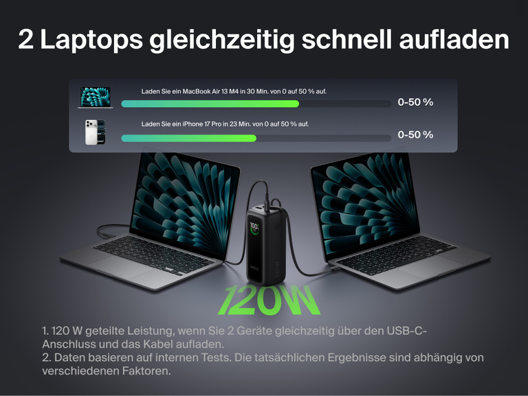UltraCharge Powerbank 22K mit einziehbarem Kabel, mit ge&ouml;ffnetem Geh&auml;use dargestellt, um die internen Akkuzellen sichtbar zu machen und die Kapazit&auml;t von 22.000 mAh f&uuml;r mehrfaches Aufladen von Laptops und Smartphones zu veranschaulichen.