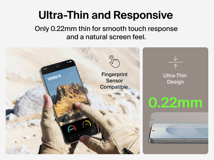 Belkin ScreenForce Titan EcoGuard Red Light Screen Protector for Samsung Galaxy S26 featuring an ultra-thin 0.22mm design that delivers smooth touch response and fingerprint sensor compatibility.