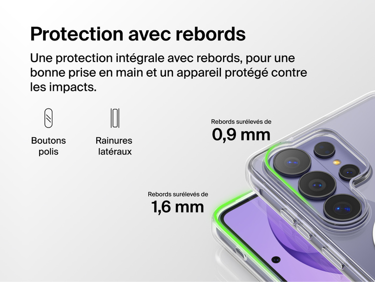 Belkin SheerForce Clear Series Case for Samsung Galaxy S26 shown with elevated edge protection, featuring raised front and camera edges, tactile buttons, and grooved sides for enhanced grip and impact protection.
