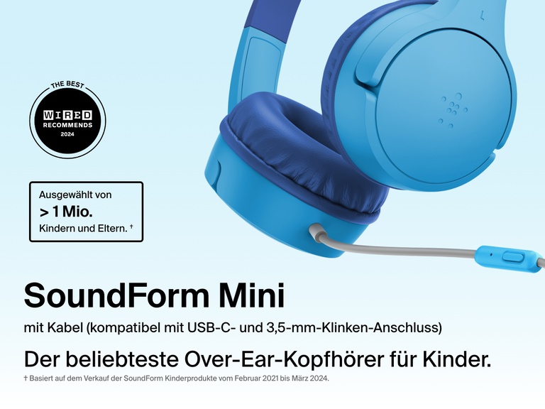 Close-up image of the Belkin SoundForm Mini Wired On-Ear Headphones for Kids, featuring a detachable boom mic and compatibility with USB-C and 3.5mm, promoted as the top choice for over one million kids and parents.