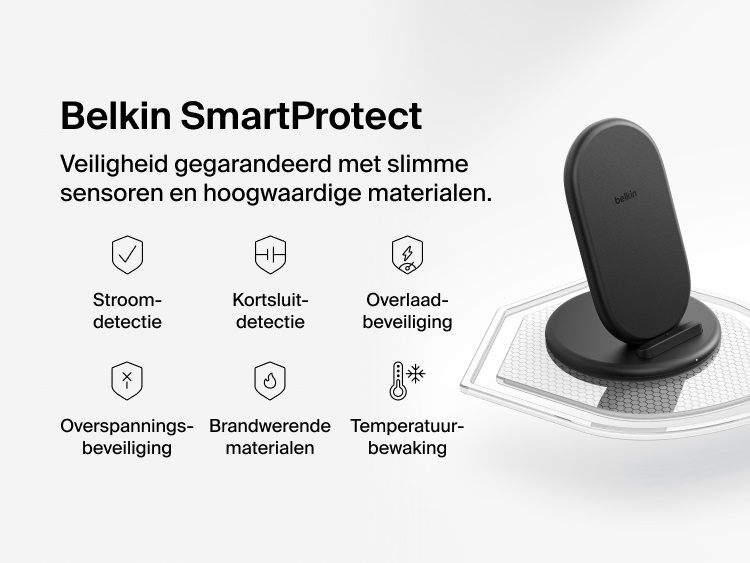 Belkin BoostCharge Wireless Charging Stand 15W featuring SmartProtect technology with six intelligent sensors for current detection, overload protection, and temperature monitoring.