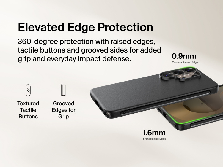 Belkin SheerForce Protect Series Case for Samsung Galaxy S26 featuring elevated edge protection with raised camera and screen edges, tactile buttons, and grooved sides for enhanced grip and everyday impact defense.