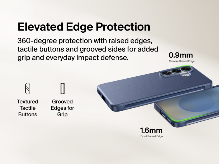 Belkin SheerForce Protect Series Case for Samsung Galaxy S26 featuring elevated edge protection with raised camera and screen edges, tactile buttons, and grooved sides for enhanced grip and everyday impact defense.