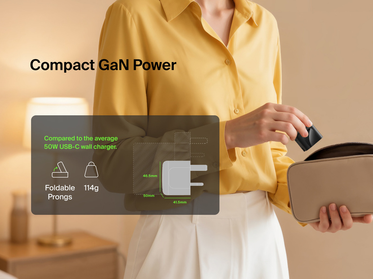 Belkin BoostCharge Pro Dual USB-C GaN Wall Charger 50W with compact 89g design, foldable prongs, and smaller size compared to average 50W chargers, shown fitting easily into a travel bag.