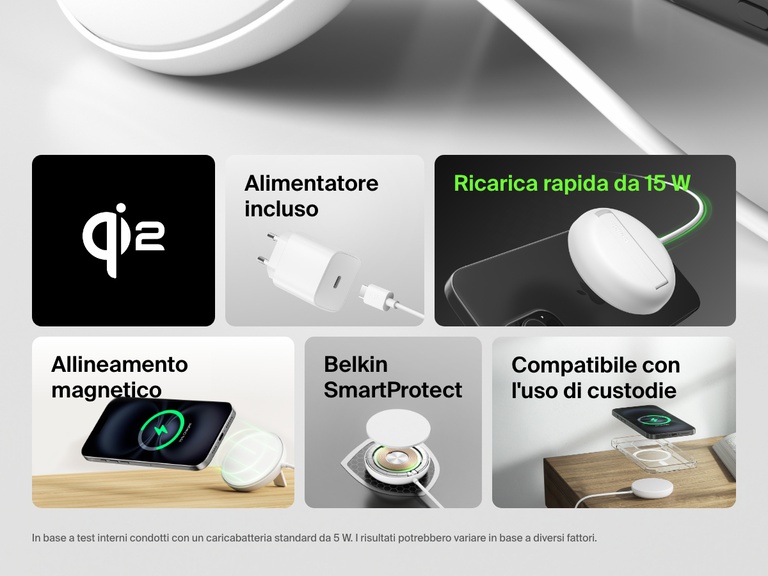 Panoramica di un tappetino di ricarica wireless magnetica con Qi2 da 15 W BoostCharge Pro Belkin di colore bianco con certificazione Qi2, alimentatore incluso, ricarica rapida da 15 W, allineamento magnetico, sicurezza Belkin SmartProtect e compatibilità con l'uso delle custodie.