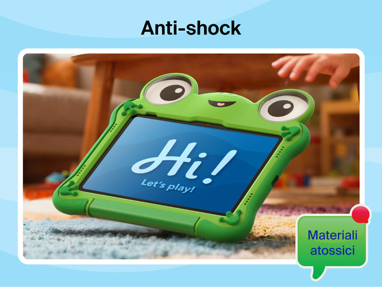 Disney Toy Story 5 Lilypad Case for iPad 10th and 11th Gen placed on carpet with tablet displaying &ldquo;Hi! Let&rsquo;s play!&rdquo; highlighting shock absorbing design and nontoxic material