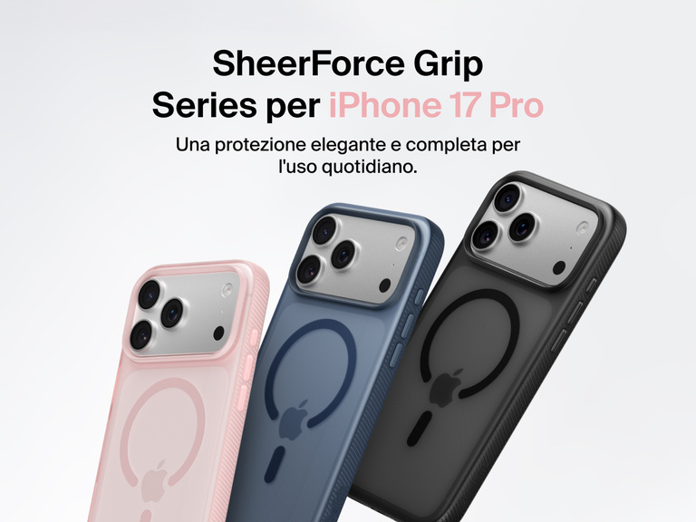 Belkin SheerForce Grip Series protective case for iPhone 17 shown in pink, clear, and black with slim design and MagSafe compatibility.