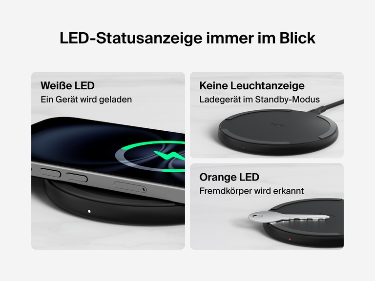 A chart displays the charging capabilities of the Belkin BoostCharge Wireless Charging Pad 15W, showing 15W charging for Galaxy S24 and later and other Qi-enabled Android phones, 9W for Galaxy S23 and earlier, 7.5W for iPhone 8 and later, and 5W for Belkin SoundForm Play earbuds, Apple AirPods, and other compatible devices.