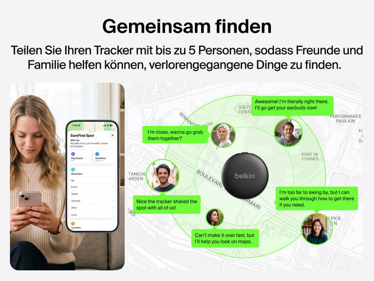 Der Belkin SureFind Spot Tracker kann mit bis zu f&uuml;nf Personen geteilt werden, sodass Freunde, Freundinnen und Familie helfen k&ouml;nnen, verlorengegangene Dinge zu finden.