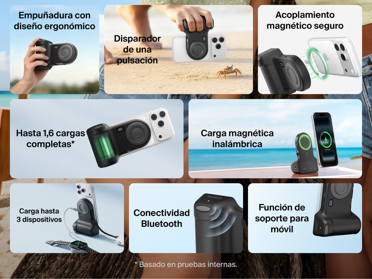 Belkin Stage PowerGrip shown in multiple lifestyle and product views highlighting ergonomic grip design, magnetic wireless charging, Bluetooth connectivity, phone stand functionality, and ability to charge up to three devices.