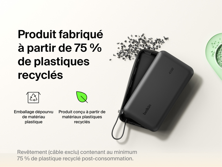 Belkin UltraCharge 20K 45W power bank with integrated cable made with recycled materials and plastic-free packaging for a more sustainable charging solution