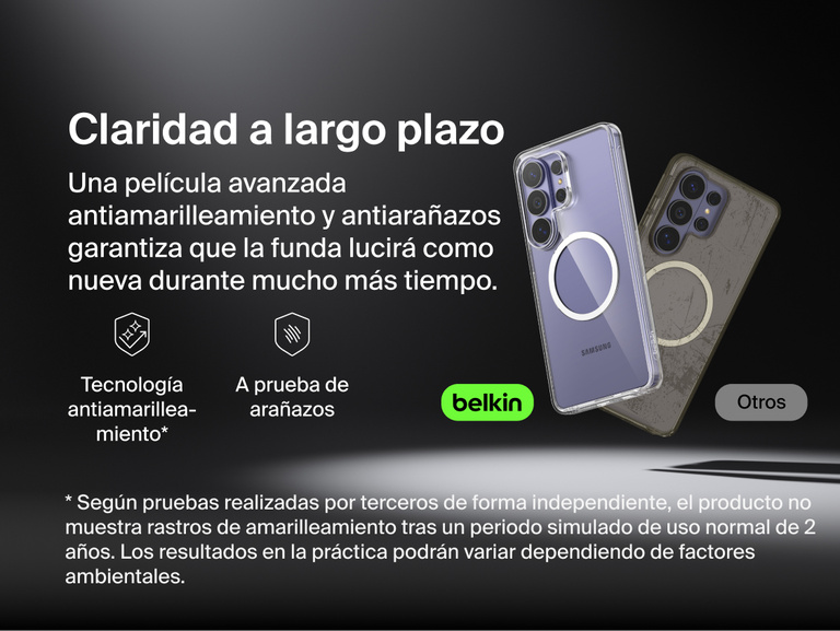 Belkin SheerForce Clear Series Case for Samsung Galaxy S26 shown alongside a comparison case, highlighting long-lasting clarity with anti-yellowing technology and scratch-resistant protection for everyday use.
