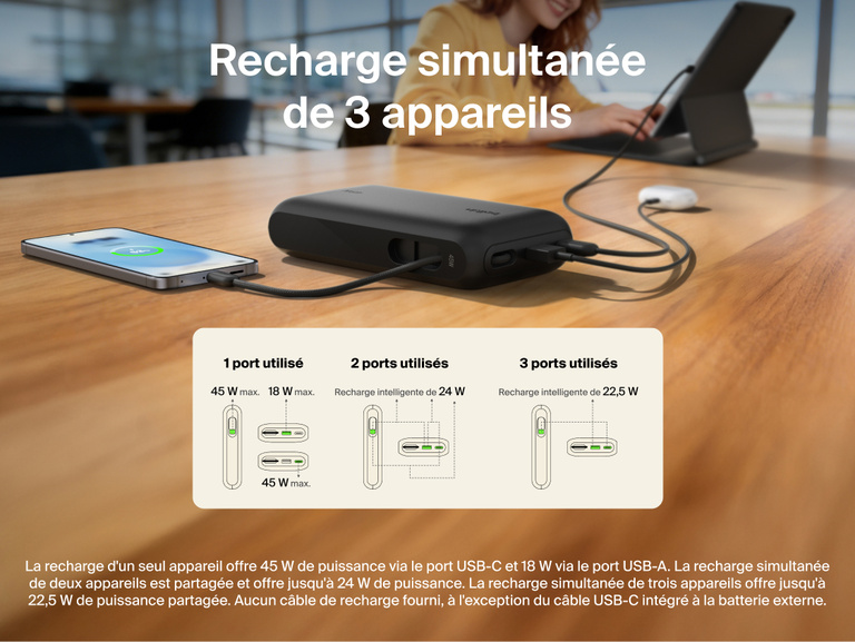 Belkin UltraCharge 20K 45W power bank with integrated USB-C cable charging multiple devices simultaneously with smart power sharing and multi-port connectivity