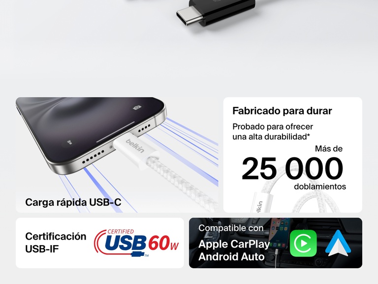Infografía mostrando el cable USB-C a USB-C de 60 W Belkin BoostCharge con características como la certificación USB-IF, la durabilidad frente a los doblamientos de más de 25 000 ciclos, la carga rápida y la compatibilidad con Apple CarPlay y Android Auto.