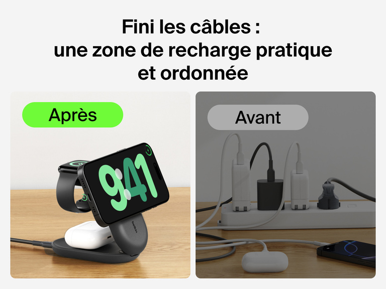 Socle de recharge 3-en-1 aimanté et pliable Belkin UltraCharge avec Qi2 (25 W) offrant une solution de recharge pratique en comparaison avec une solution de recharge filaire avec des câbles emmêlés.