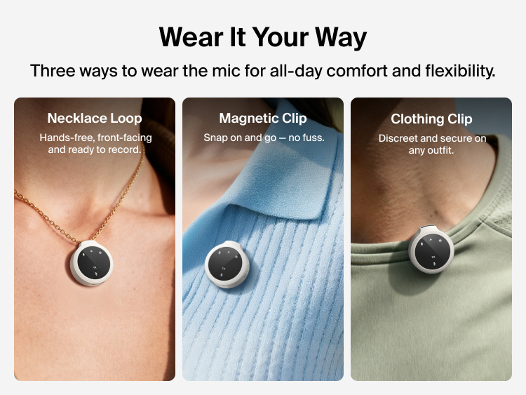 Image showing Belkin Stage Creator Kit wireless microphone worn three ways&mdash;on a necklace loop, magnetic clip, or clothing clip&mdash;for hands-free, flexible recording and all-day comfort.