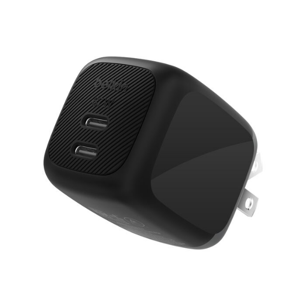 Belkin 67W dual USB-C wall charger in black with two USB-C ports and foldable plug.