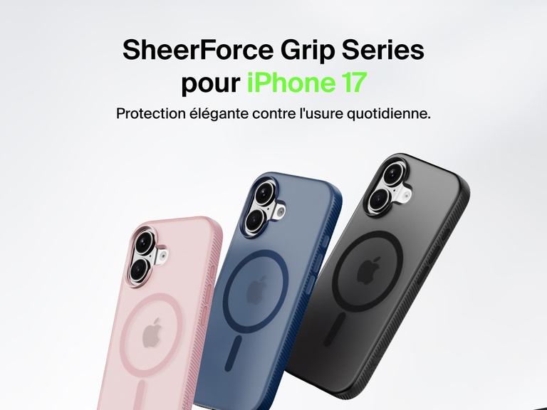 Belkin SheerForce Grip Series protective case for iPhone 17 shown in pink, clear, and black with slim design and MagSafe compatibility.